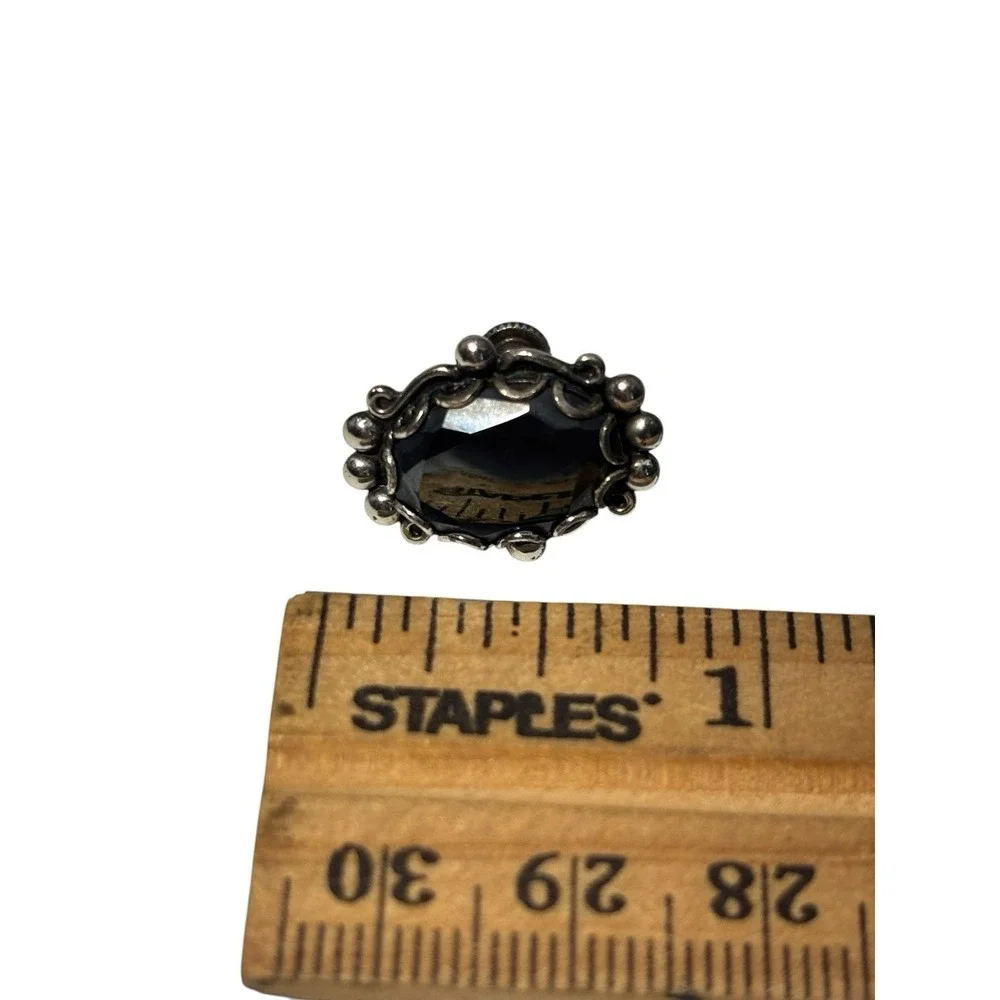 Vintage Sterling Silver Black Hematite Ornate Beaded Frame Screw Back Earrings